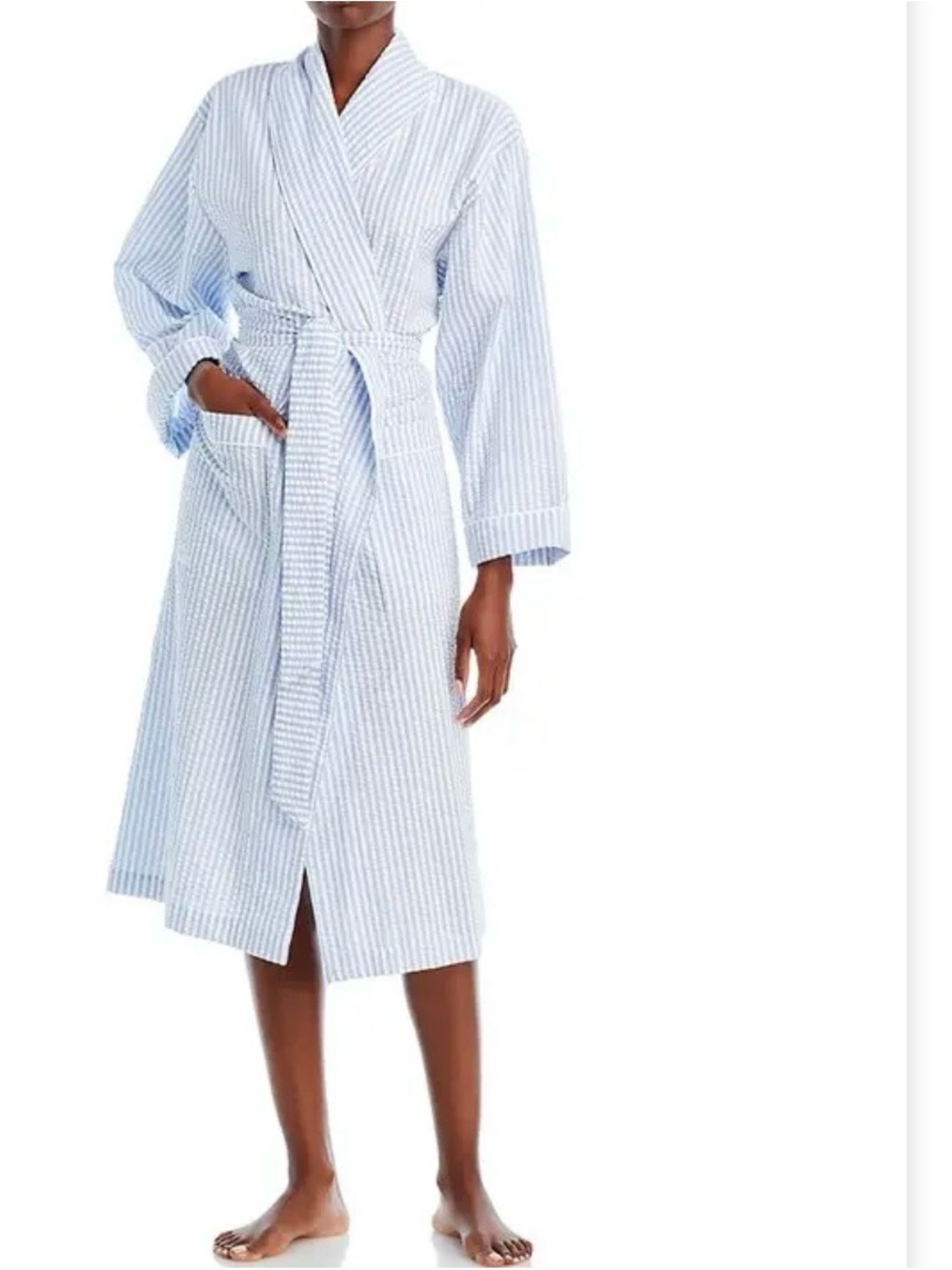 Matouk Blue and White Striped Cotton Matteo Robe